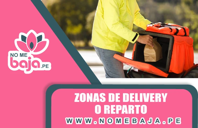Se observa un repartidor entregando un pedido y un titulo que dice : Zonas de delivery o reparto nomebaja.pe